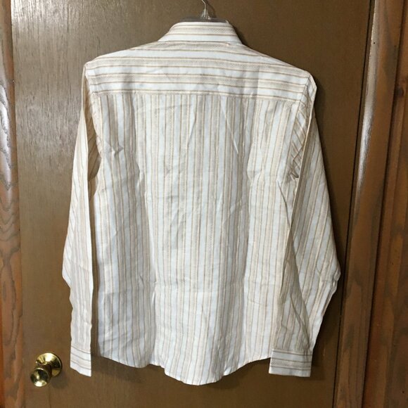Stitch Note Tan and Cream Striped European Linen Men's Long Sleeve Shirt-M,NWT - Picture 2 of 6